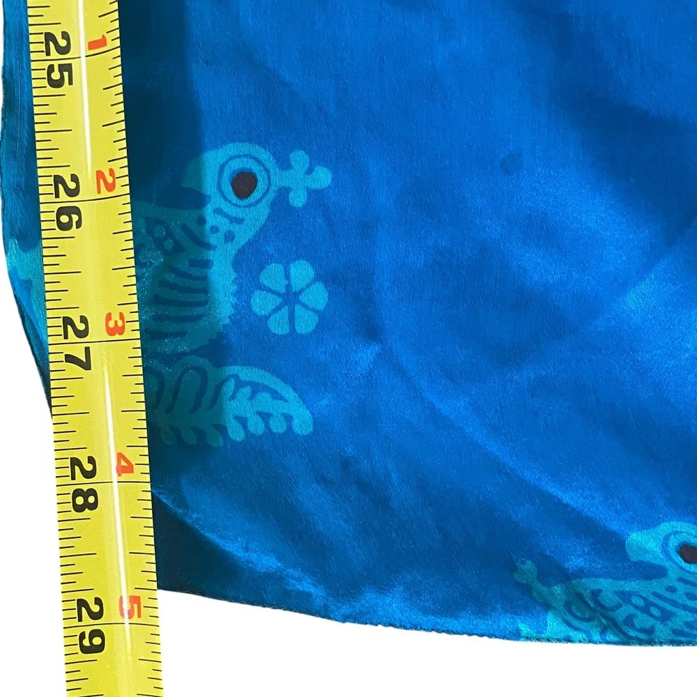 Blue Silk Square Scarf Bird Floral Pattern Turquoise Satin Finish 28x28